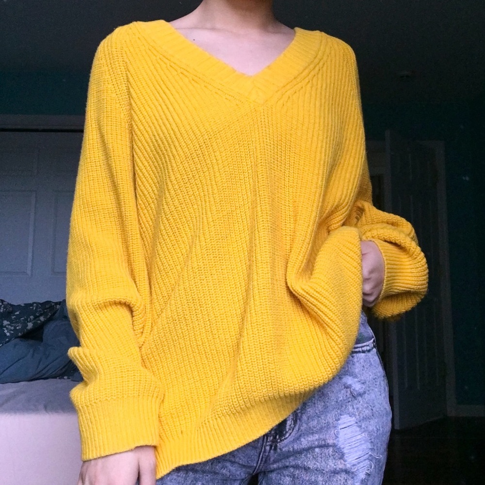 Express High Low Yellow Knit V Neck Sweater